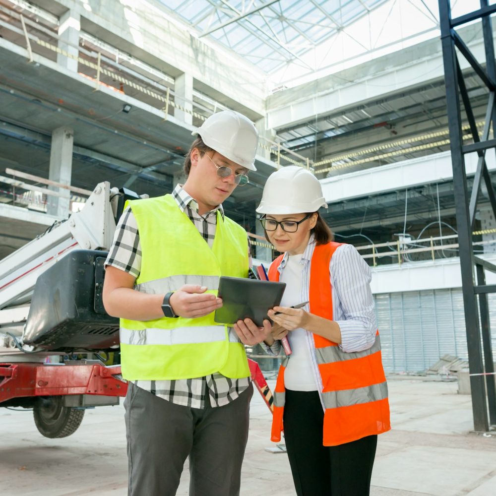 Industrial portrait of male and female construction engineers Industrial portrait of male and female construction engineers