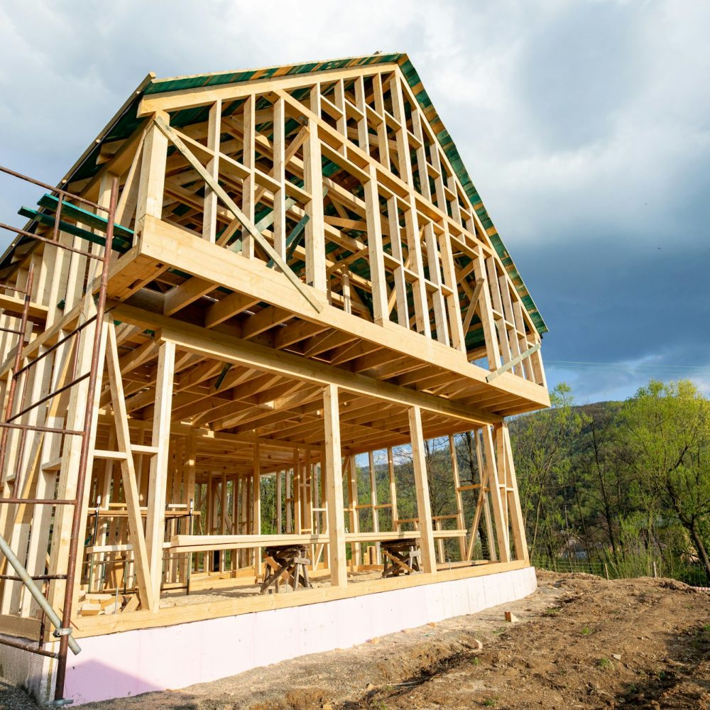 Residential home construction, frame wooden house outdoor Residential home construction, frame wooden house outdoor